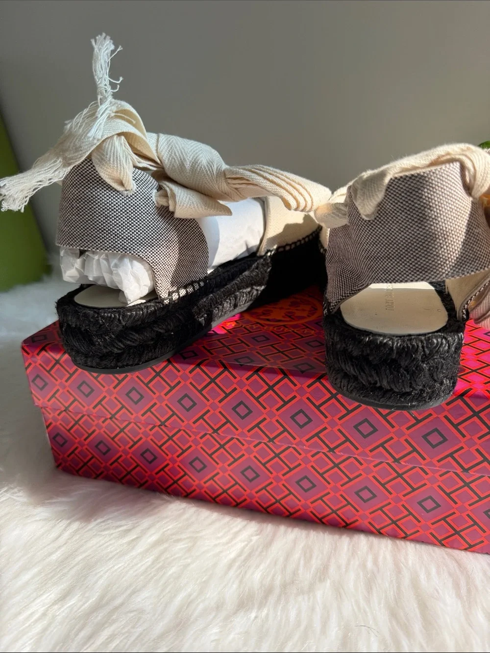 Tory Burch Black/Natural Ankle Wrap Woven Double T Espadrille
